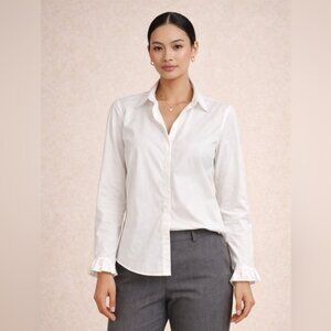 Mos Mosh White Button-Up Blouse Ruffled Cuffs Size L Cotton Workwear Chic